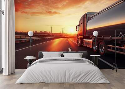 Highway horizons road. Transportation and Oil Industry at Sunset. Powering Business in the Transport Sector Wall mural