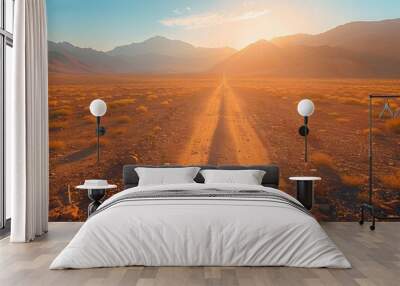 Hiker s Shadow Stretches Across Dusty Desert Trail at Sunset Wall mural