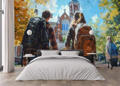 Hopeful Students Explore College Campus on Autumn Tour Wall mural