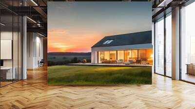 House with tranquil rural life. Sunset in meadow golden hour in countryside. Summer evening. Picturesque village. Nature canvas at dusk Wall mural