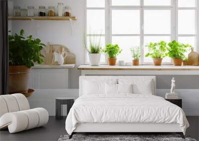 Indoor serenity. Green potted plant on table adds life to modern decor. Houseplant elegance. Stylish touch of nature in white interior. Nature corner. Fresh green on cozy windowsill Wall mural