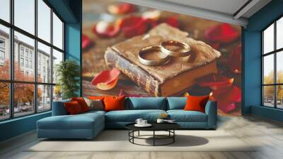 Intertwined Wedding Rings on Vintage Book with Rose Petals Symbolizing Eternal Love Wall mural