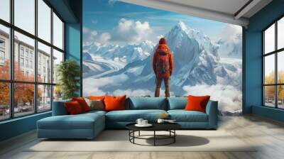 intrepid explorer stands triumphant atop majestic snow capped mountain peak surrounded by dramatic l Wall mural