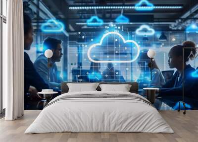 IT professionals setting up advanced cloud computing infrastructure in efficient tech environment Wall mural