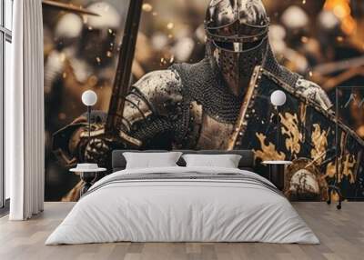 knight clad in gleaming steel armor stands ready for battle, his helmet adorned with the proud crest of his house. With a formidable sword in hand and a sturdy shield Wall mural