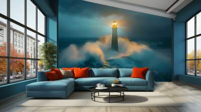 Lighthouse Beacon Shining Over Stormy Seas Offering Guidance Through Raging Nature s Might Wall mural