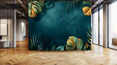 Lush tropical leaf pattern in gold on a dark emerald green background a luxurious and ornate botanical backdrop concept with copy space Wall mural