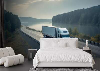 Majestic Journey. Semi Truck Roaming Amidst Mountainous Backdrop Wall mural