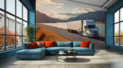 Majestic Journey. Semi Truck Roaming Amidst Mountainous Backdrop Wall mural