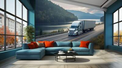 Majestic Journey. Semi Truck Roaming Amidst Mountainous Backdrop Wall mural