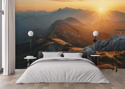 Majestic Mountain Sunset Landscape with Dramatic Lighting and Rugged Terrain Wall mural