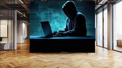 Man in hood analyzing data on desktop PC computer at desk. Internet security and hacking concepts. Digital spyware and network security Wall mural