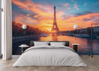 Mesmerizing Sunset over the Seine River with the Iconic Eiffel Tower in Paris France Wall mural