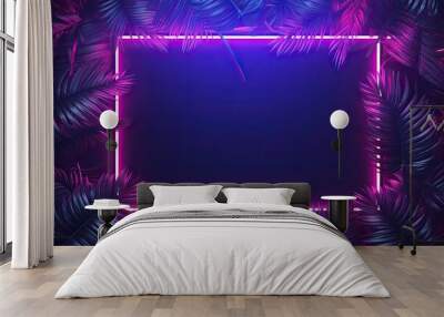 Modern minimalism. Neon frame on palm with dark background Wall mural