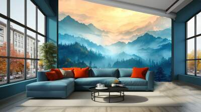 Mountain forest landscape enveloped in fog capturing essence of nature and hills travel into misty outdoors during morning beauty and scenery merging in trees with view foggy autumn sky over valley Wall mural