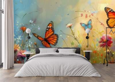 nature's canvas, butterflies flutter gracefully among the blossoms, their delicate wings a mesmerizing spectacle against the backdrop of a summer meadow Wall mural