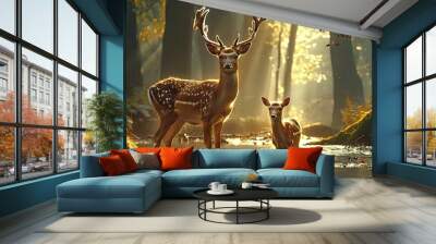 Nature wildlife scene with majestic brown deer in forest wild animals portrait in wilderness beautiful male stag with antlers standing alert in autumn landscape among pine trees and grass Wall mural