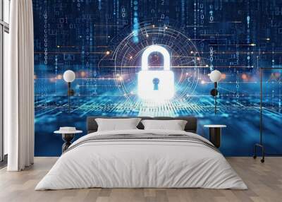 Network security locked in digital age concept of protection in cyber world safe from hacker with padlock of privacy password guarding information technology and safety blended in background Wall mural