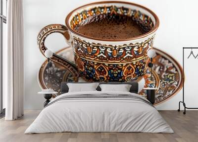 Ornately Designed Traditional Turkish Coffee Cup Filled with Strong Aromatic Brew on White Background Wall mural