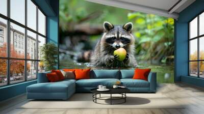 Playful Raccoon Washing Apple in Lush Forest Stream Wall mural