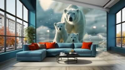 Polar Bear Mother and Cubs on Thinning Arctic Ice Climate Change Impact on Wildlife Habitat Wall mural