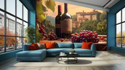 Red Wine Bottle on Wooden Table: Vintage Alcoholic Drink for Celebration and Collection blur background. Generative AI illustrations. Wall mural