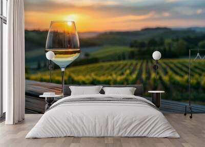 Reflection of Vineyard Landscape in a Wine Glass Showcasing the Connection to the Land Wall mural