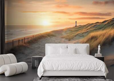 Relaxing on beach at sunset. Stunning sunrise over sandy dunes. Panoramic view of sea. Nature beauty. Enjoying sunny Wall mural