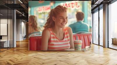 Retro Soda Fountain Gathering of Lively Teenage Friends Enjoying Milkshakes and Burgers in Nostalgic 1950s Inspired Diner Wall mural