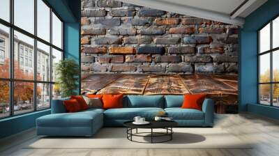 Rustic Wooden Table Against Brick Wall in Industrial Loft Setting Ideal for Trendy Product Display Wall mural