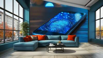 Secure Mobile Payment Interface with Fingerprint Authentication Highlighting Advanced E Commerce Security Wall mural