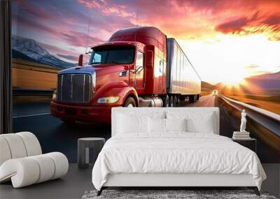 Semi heavy truck powering through transportation of cargo on road freight cruising down highway amidst traffic vehicle dedicated to shipping car moving in unison capturing motion and speed business Wall mural