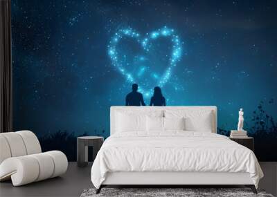 Silhouetted Couple Under Starry Night Sky with Glowing Heart Constellation Wall mural