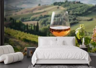 Sipping Exquisite Wine Amidst Tuscan Vineyard s Enchanting Landscape Wall mural