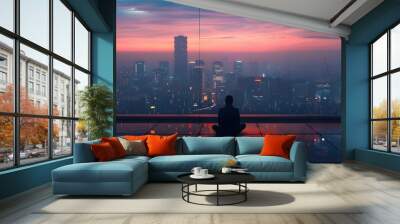 Solitary Business Leader Overlooking Vibrant City Skyline at Sunset Contemplating Next Strategic Move Wall mural