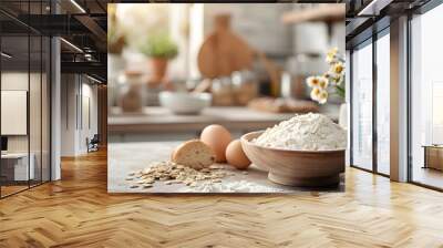 specialty baking ingredients neatly arranged on a rustic wooden kitchen counter for gourmet home coo Wall mural