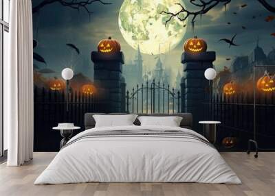 Spooky halloween night celebration with Jack O Lanterns design on dark forest background with moon and pumpkins Generative AI illustrations Wall mural