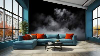 Studio show with white smoke on black background. Abstract backdrop. Modern and classic style.  Product presentation with copy space Wall mural