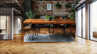 Stylish Wooden Table with Hairpin Legs in Trendy Urban Apartment with Eclectic Decor Empty Table for Displaying Product Concept Wall mural