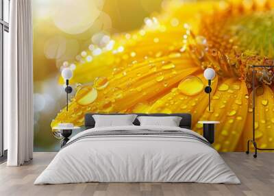 Sunflower Petal with Shimmering Water Droplets Reflecting Bright Sunshine Wall mural