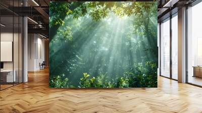 Sunlit Serene Forest Sanctuary Highlighting Nature s Untouched Tranquility and Sustainability Wall mural