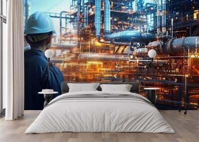 Technology in industrial construction with engineer businessman at work modern factory setting digital equipment safety helmet production building architect communication future automation network Wall mural