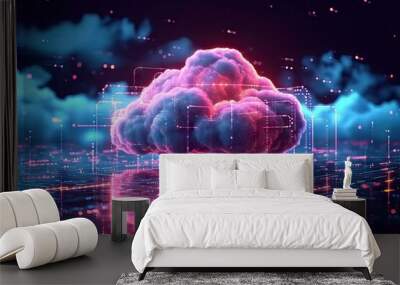 Technology networking and digital communication in business with cloud computing concept web storage for data global social media ai server online binary illustration background modern futuristic Wall mural