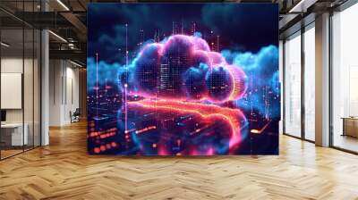 Technology networking and digital communication in business with cloud computing concept web storage for data global social media ai server online binary illustration background modern futuristic Wall mural