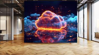 Technology networking and digital communication in business with cloud computing concept web storage for data global social media ai server online binary illustration background modern futuristic Wall mural