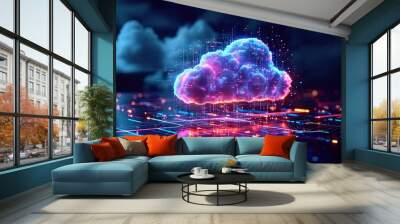 Technology networking and digital communication in business with cloud computing concept web storage for data global social media ai server online binary illustration background modern futuristic Wall mural