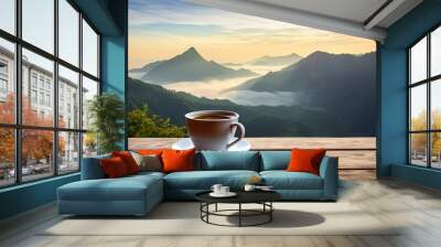 Top view serenity. Hot breakfast fresh cup of coffee on wooden table blur background Wall mural