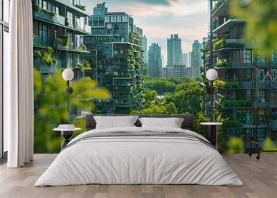 Towering Skyscrapers Surrounded by Lush Urban Green Spaces Wall mural