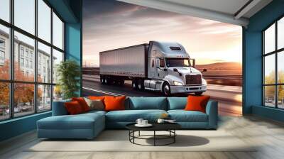 Truck on highway at sunset. Sun dips below horizon casting warm orange glow across open powerful semi-truck loaded with cargo races towards distant Wall mural