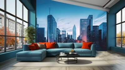 Urban ascent. Modern business hub. Glass towers and corporate power. City skyline. Architectural marvels. Building dreams. Rise of modern finance Wall mural